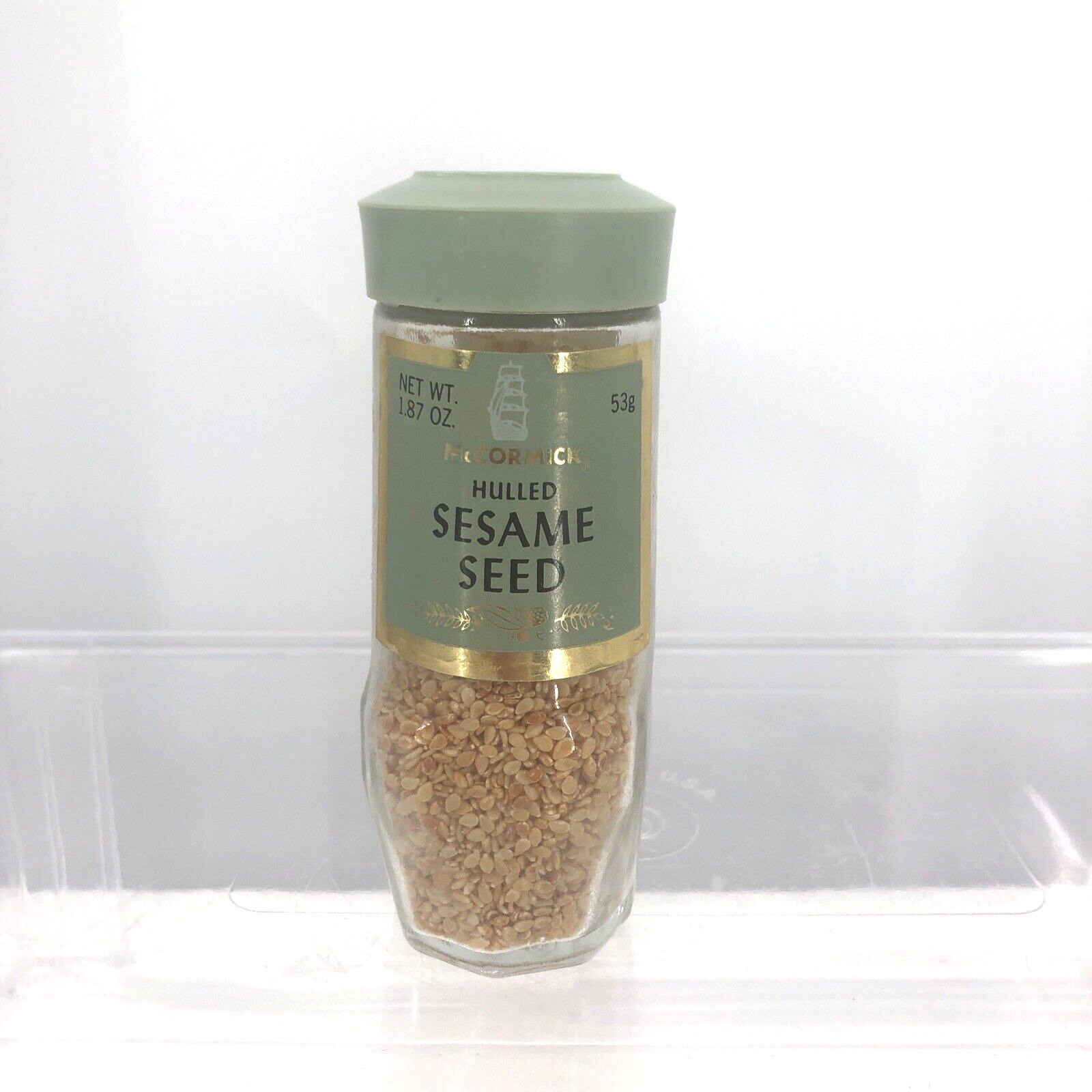 VTG Hulled Sesame Seed McCormick Spice Jar Glass Bottle 70s Green Lid Prop Exp