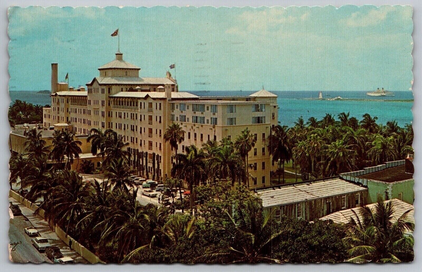 Nassau Bahamas Sheraton British Colonial Hotel Birds Eye View Flags WOB Postcard
