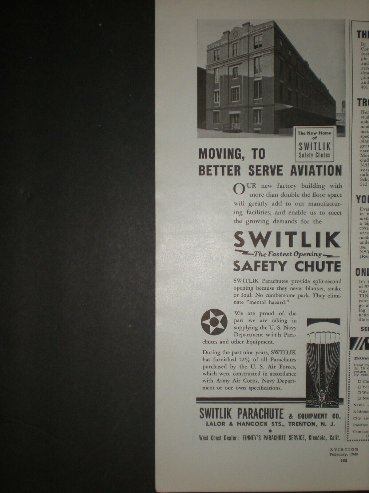1940 SWITLIK SAFETY CHUTE PARACHUTE NEW FACTORY WWII vintage Trade print ad