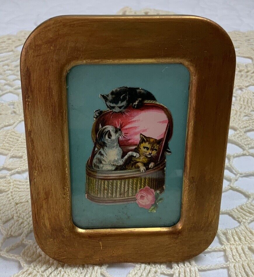 Vintage Antique Victorian Ephemera Die Cut, Gold Frame, Victorian Kitty Cats