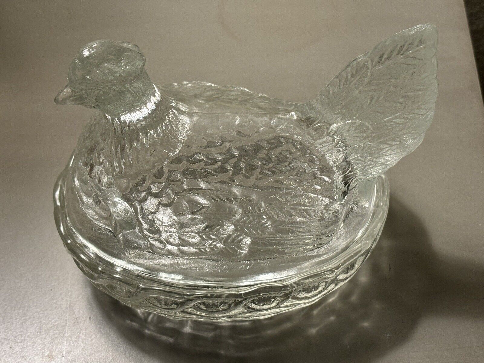 Vintage Indiana Glass Hen Nest Clear Glass Covered Candy Dish Chicken 60s