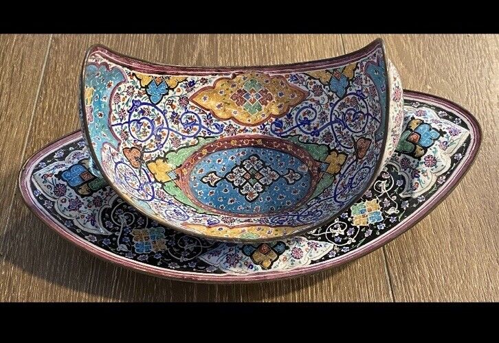 Vintage Persian Kashkul Beggars Bowl Lacquer Painted Brass Plate Dish Antique
