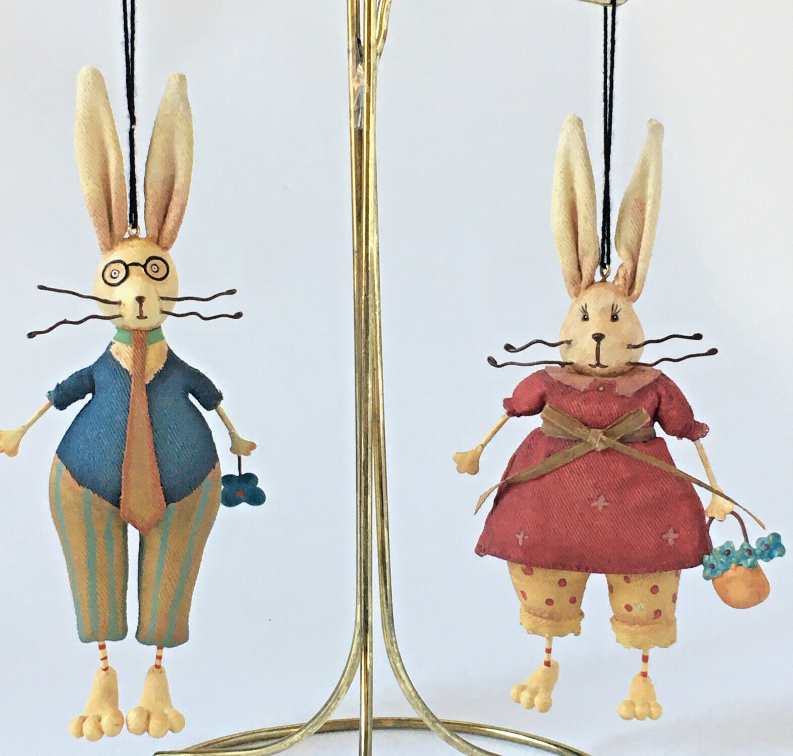 Primitive Style Set of 2 Mr & Mrs Bunny Rabbit Spring Easter Ornaments
