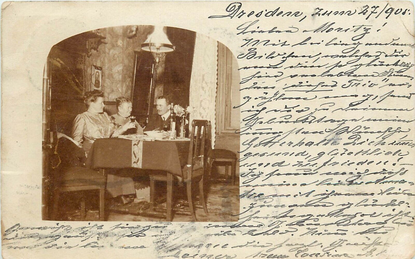 c1905 RPPC Postcard Family Drinking Wine Dining Room Interior Dresden Germany