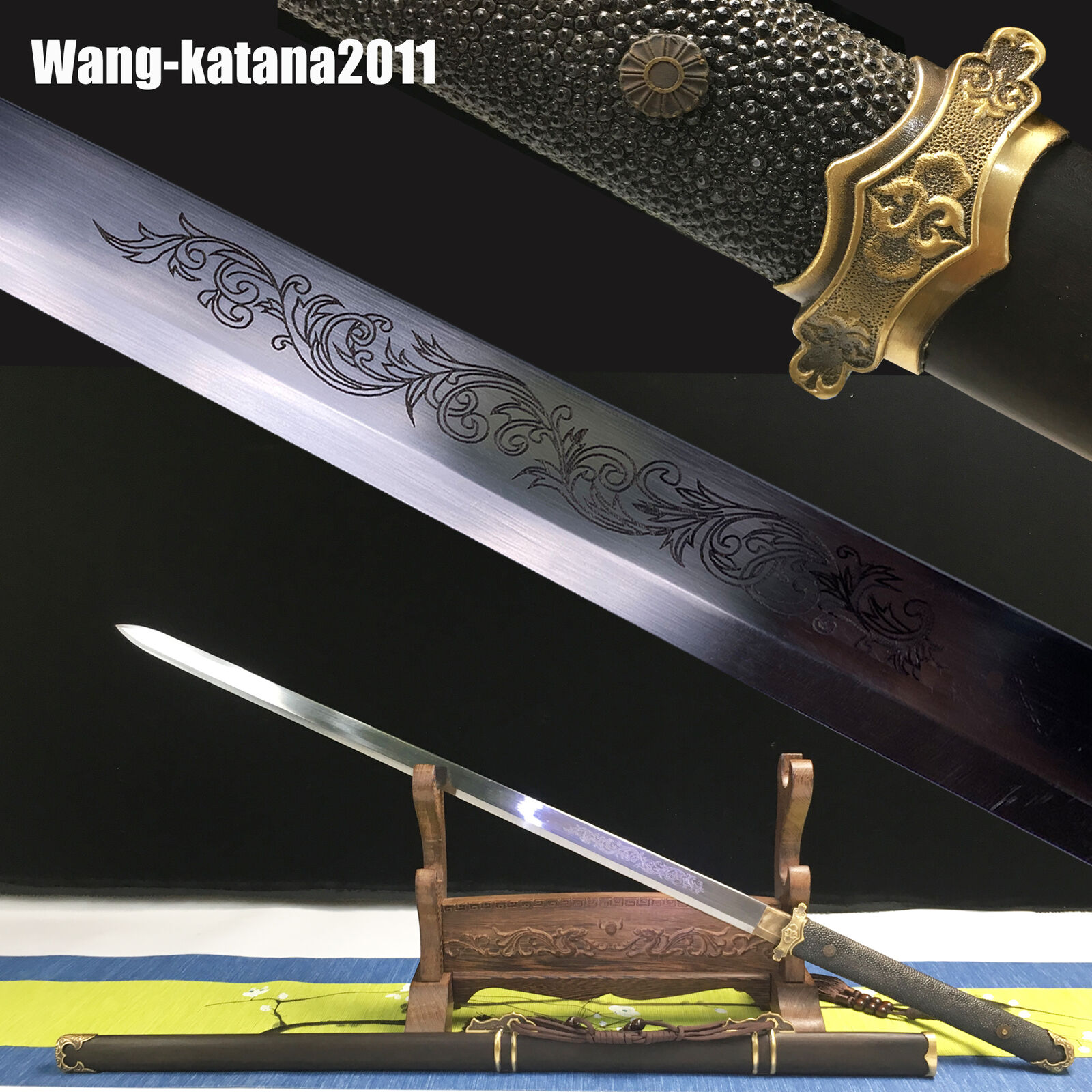 107CM Chinese Tang Dynasty Folded Steel Dao唐刀 Ebony Sharp Straight Sword Rayskin