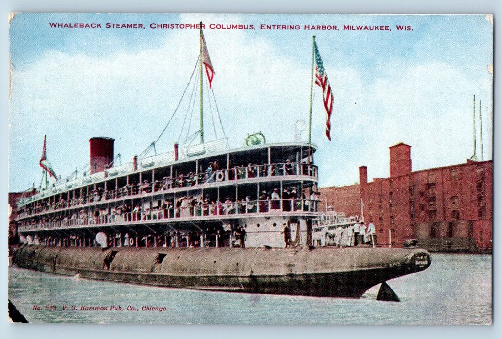 Milwaukee Wisconsin Postcard Whaleback Steamer Christopher Columbus Harbor c1905