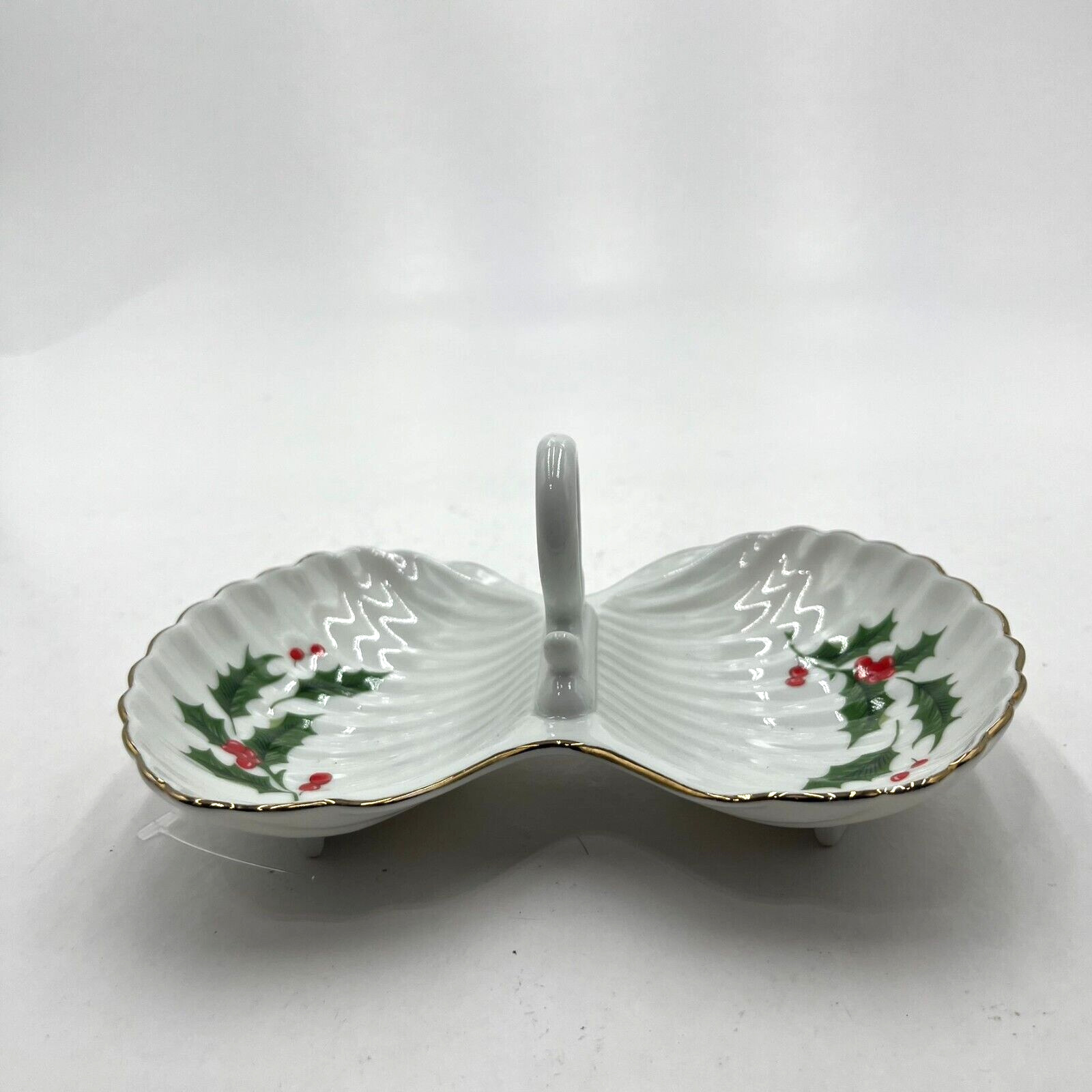 Vintage Christmas Candy Dish Gold Trim with Holly Berry Japan Ceramic