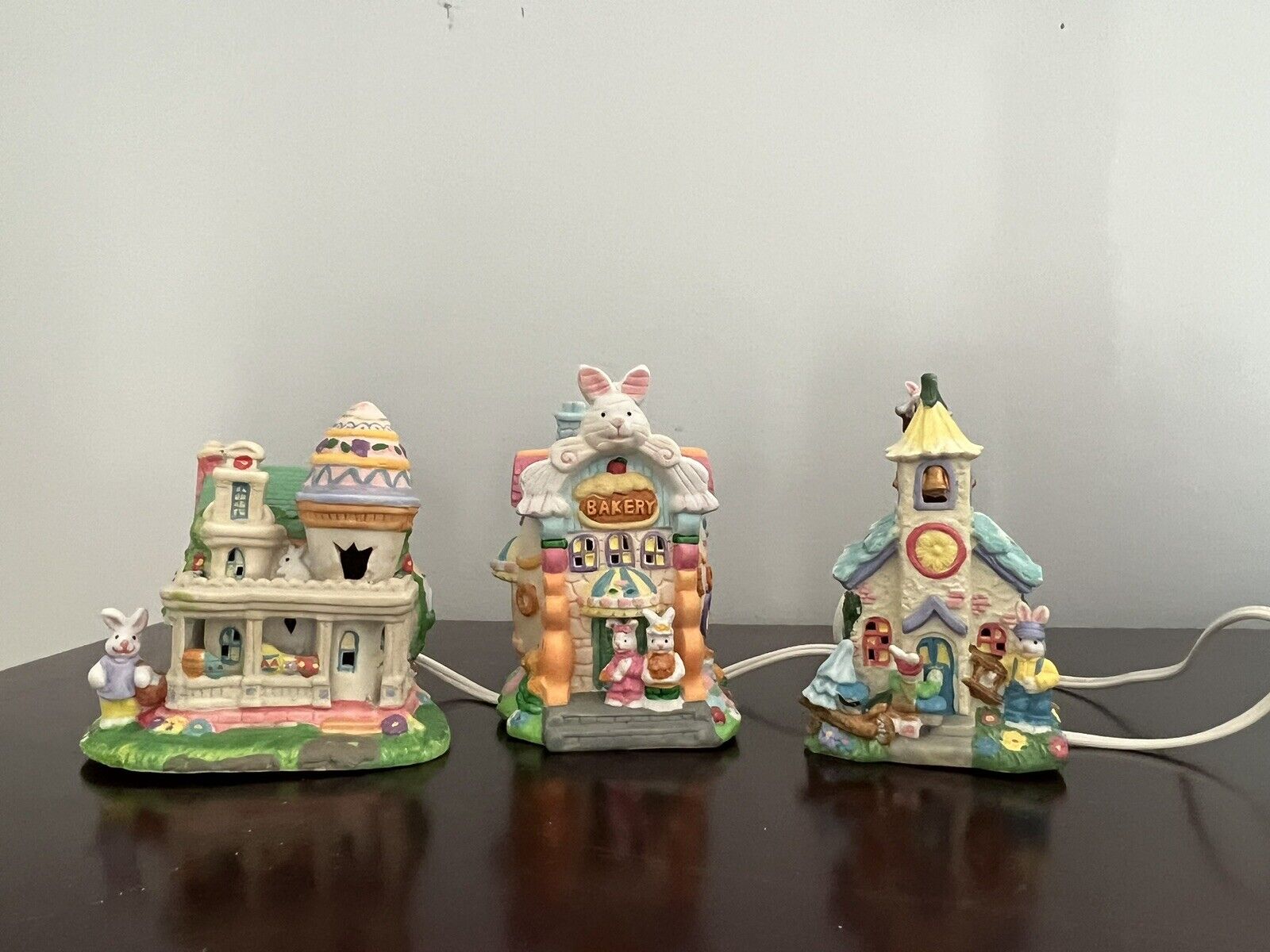 Hoppy Hollow - Vintage Easter Village 3 piece set Lighted Village.  Porcelain