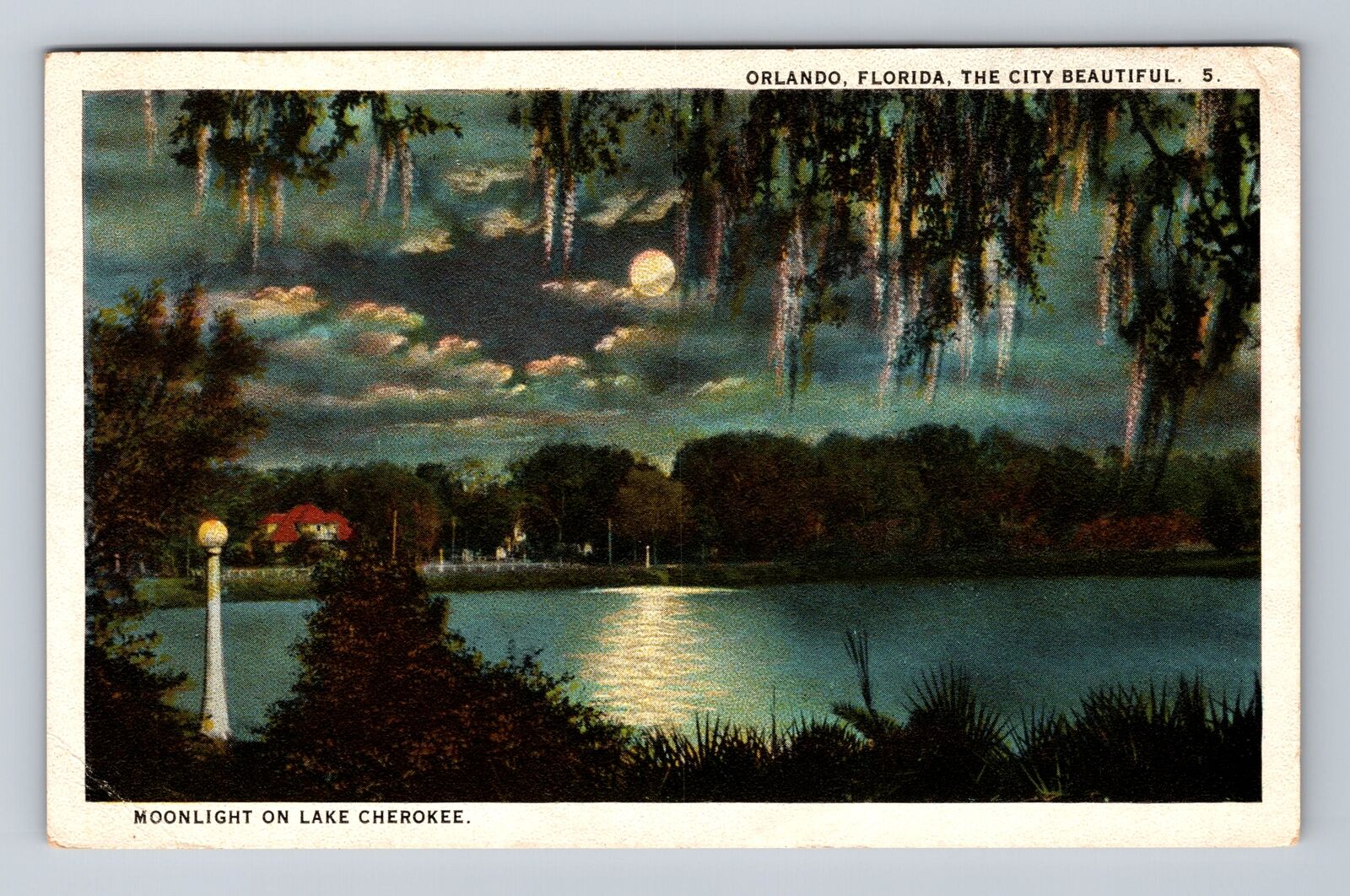 Orlando FL-Florida, Moonlight On Lake Cherokee, Antique, Vintage Postcard
