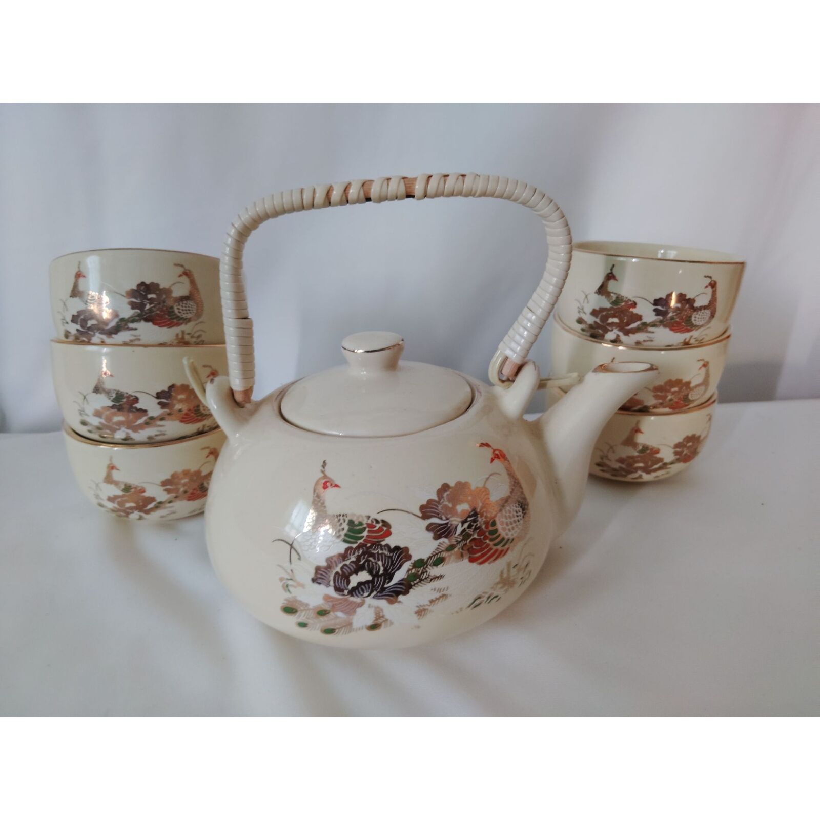 Vintage Japanese Tea Set With Peacocks Design - Teapot & 6 Cups