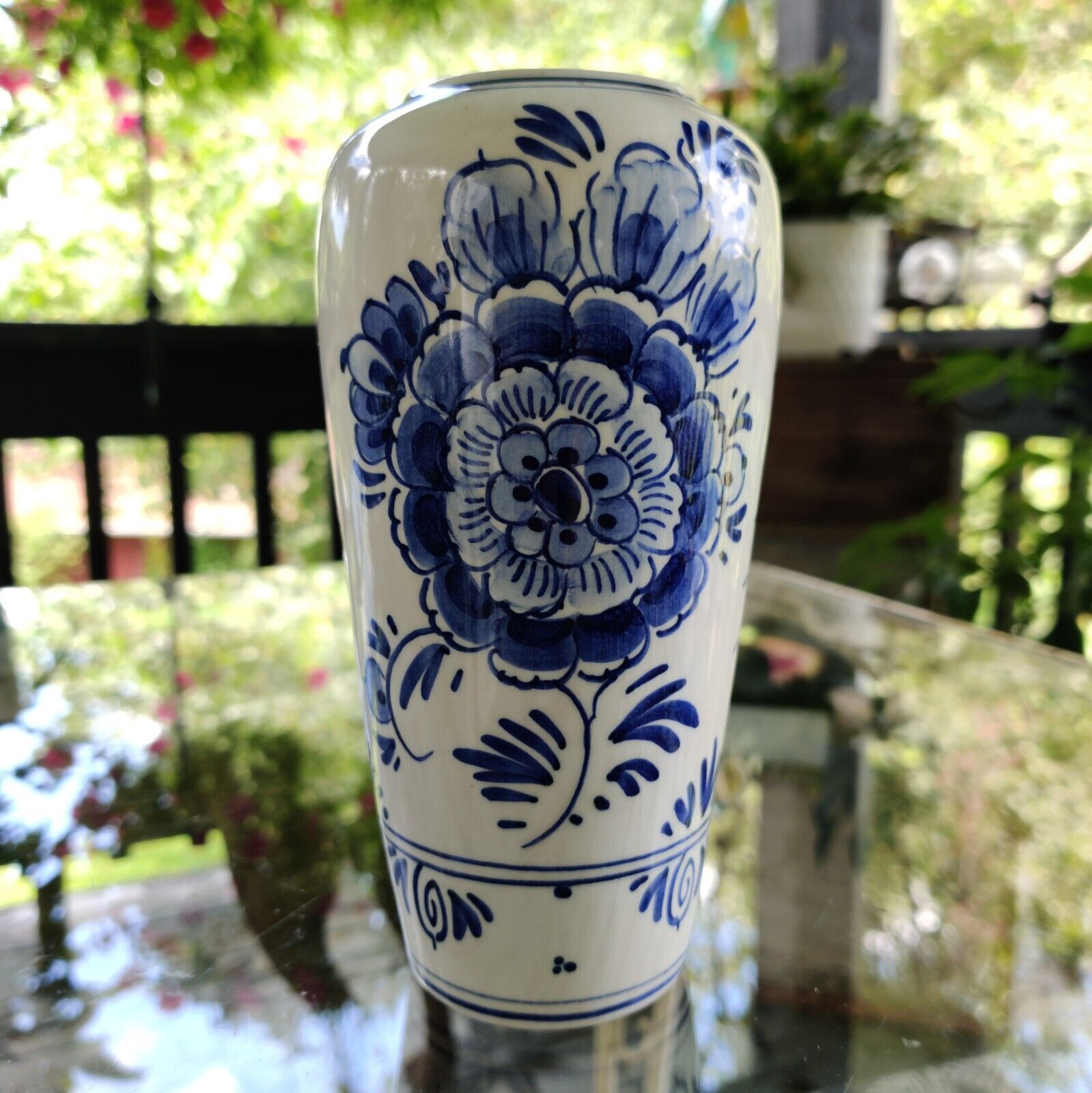 Vintage Delft Holland Blue White Floral Vase Signed 7x 3.5 Crazing Hand Painted