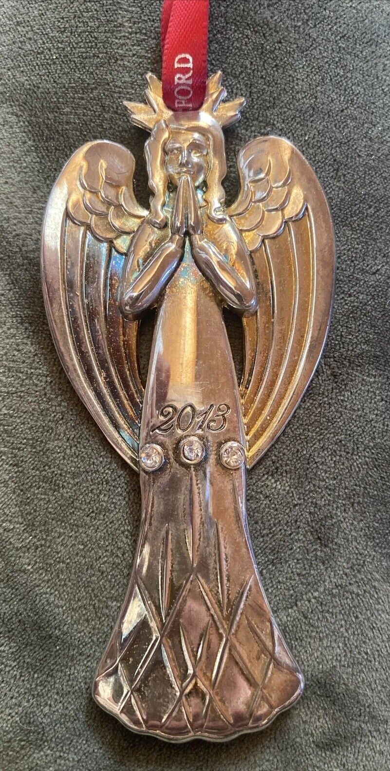 2013 Waterford Silver Colored Praying Angel Ornament 3 Diamond Color Stones