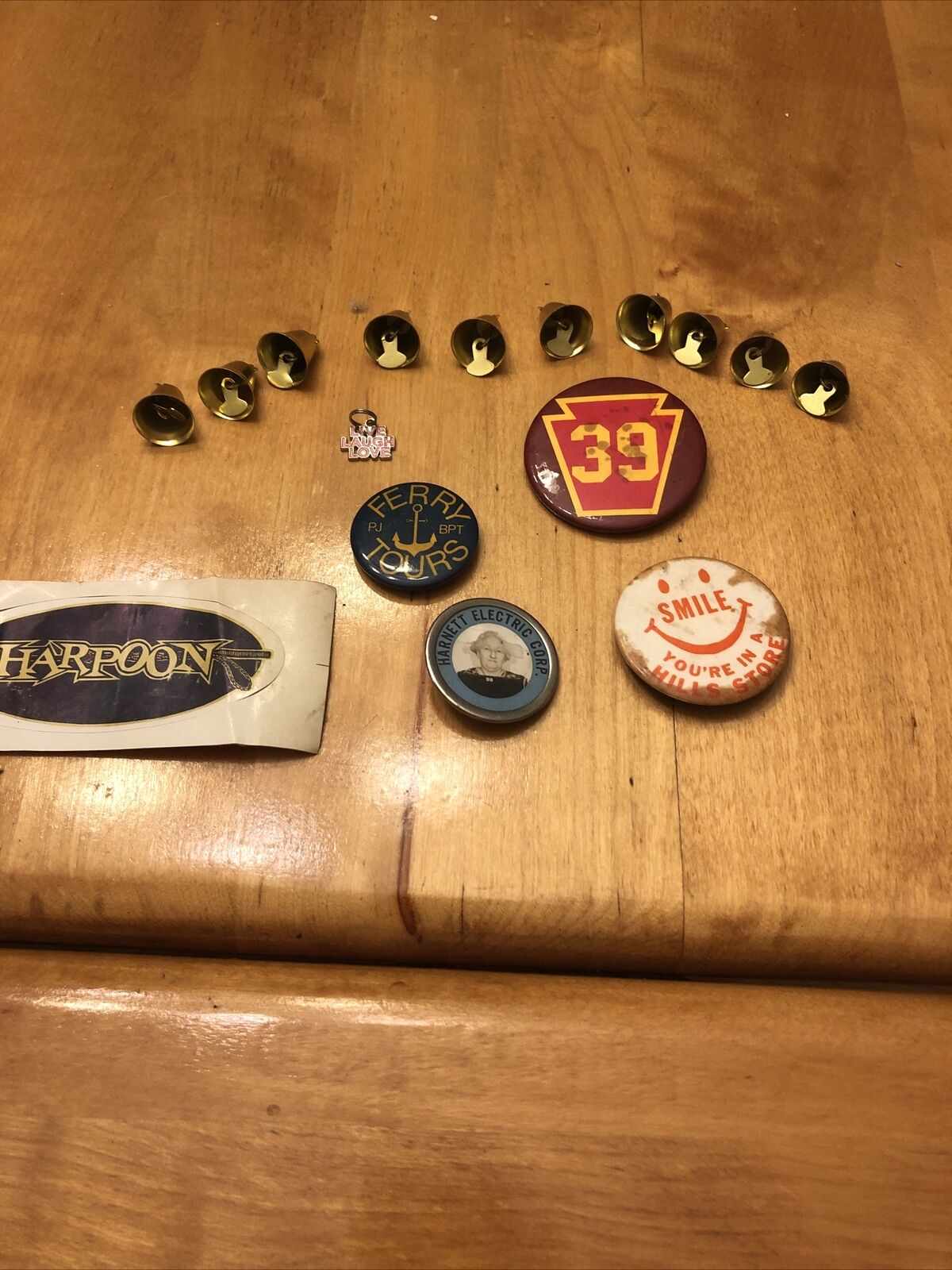 Mixed Lot Of Collectble Vintage Button Pins, Bells ,& a Sticker