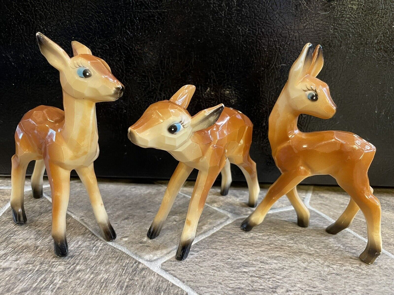 3 Vintage DEER FAWNS REINDEER Figurines HARD PLASTIC Faux Wood KITSCH Christmas