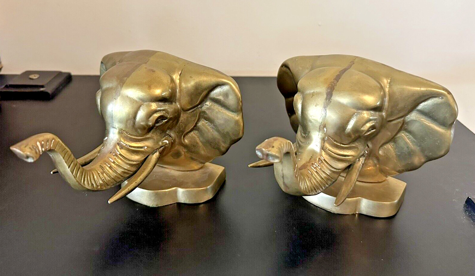 Vintage Pair of Antique Heavy Brass Elephant Head Lucky Trunks Up