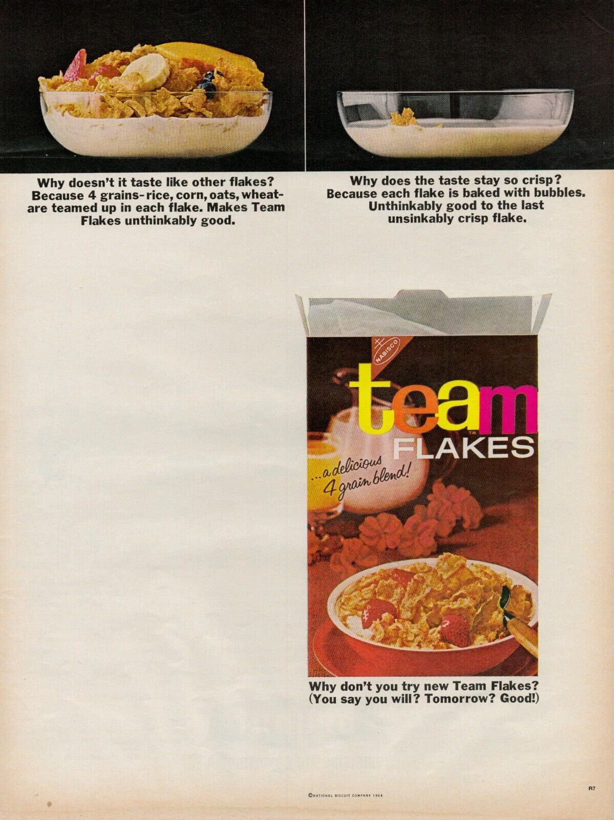 1964 Nabisco Team Flakes Breakfast Cereal Vintage Print Ad National Biscuit Co.
