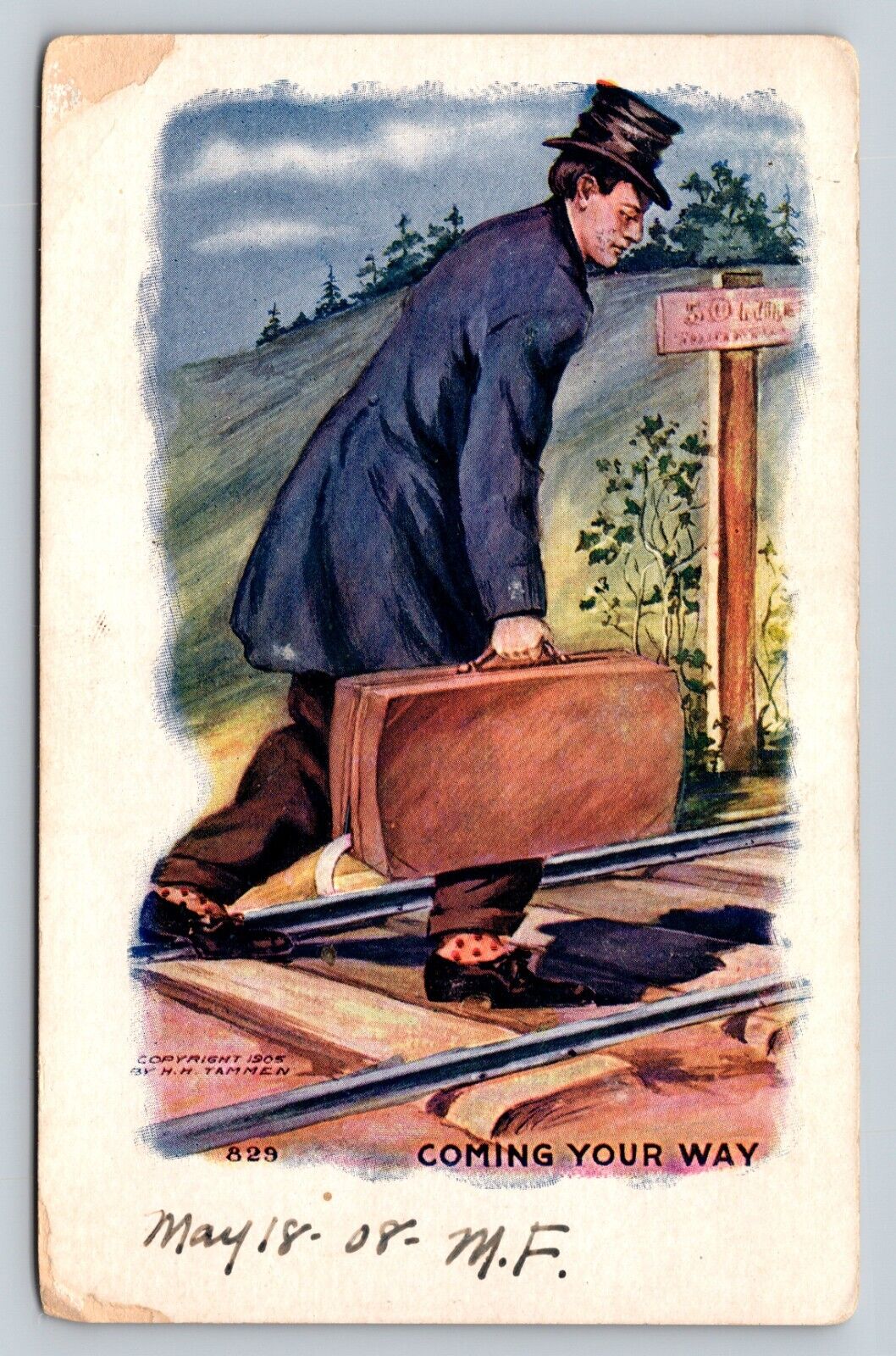 c1908 Man with Case Walks the Railway Coming Your Way ANTIQUE Postcard 1719