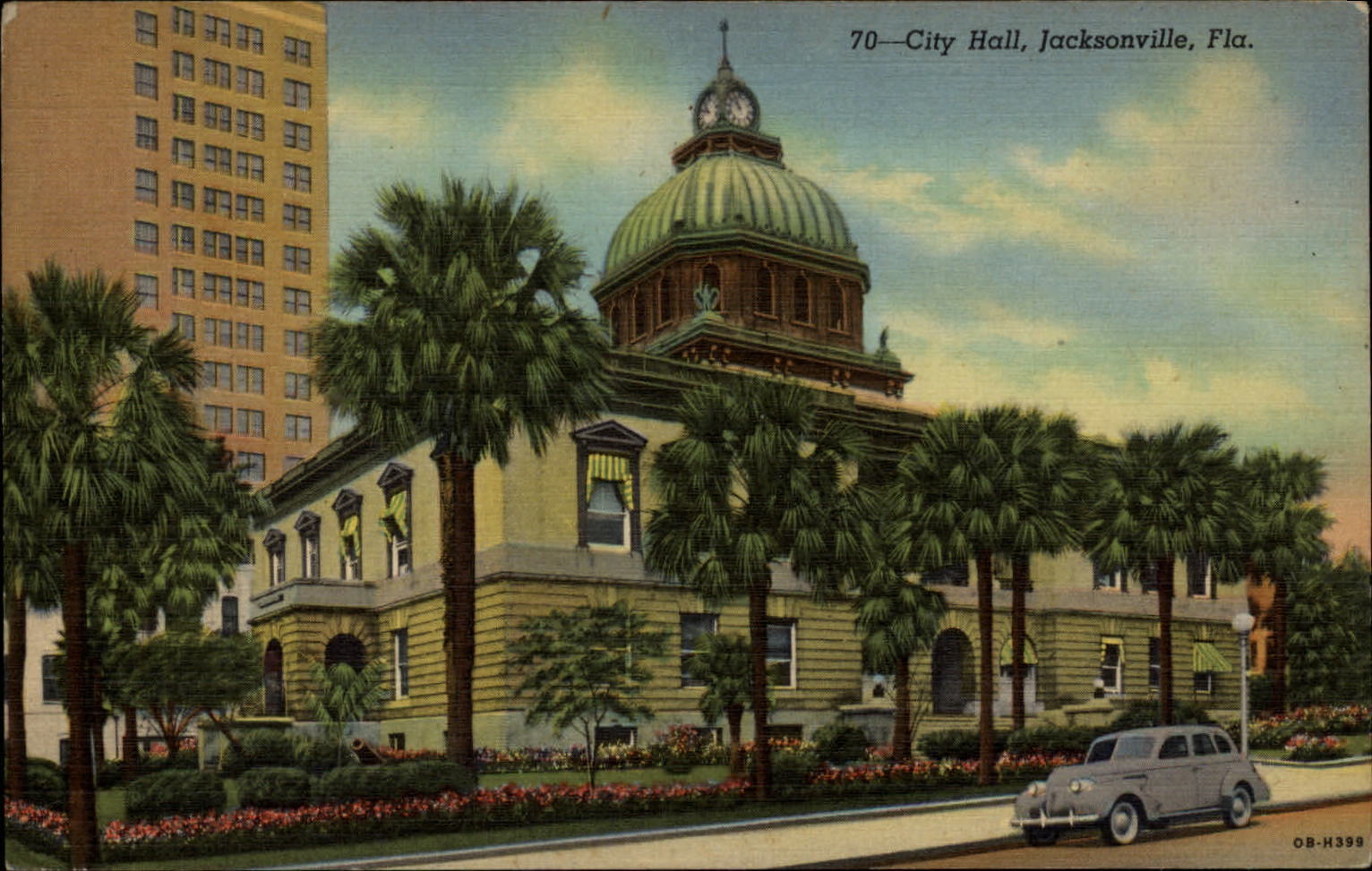 City Hall Jacksonville Florida vintage car ~ dated 1945 linen postcard