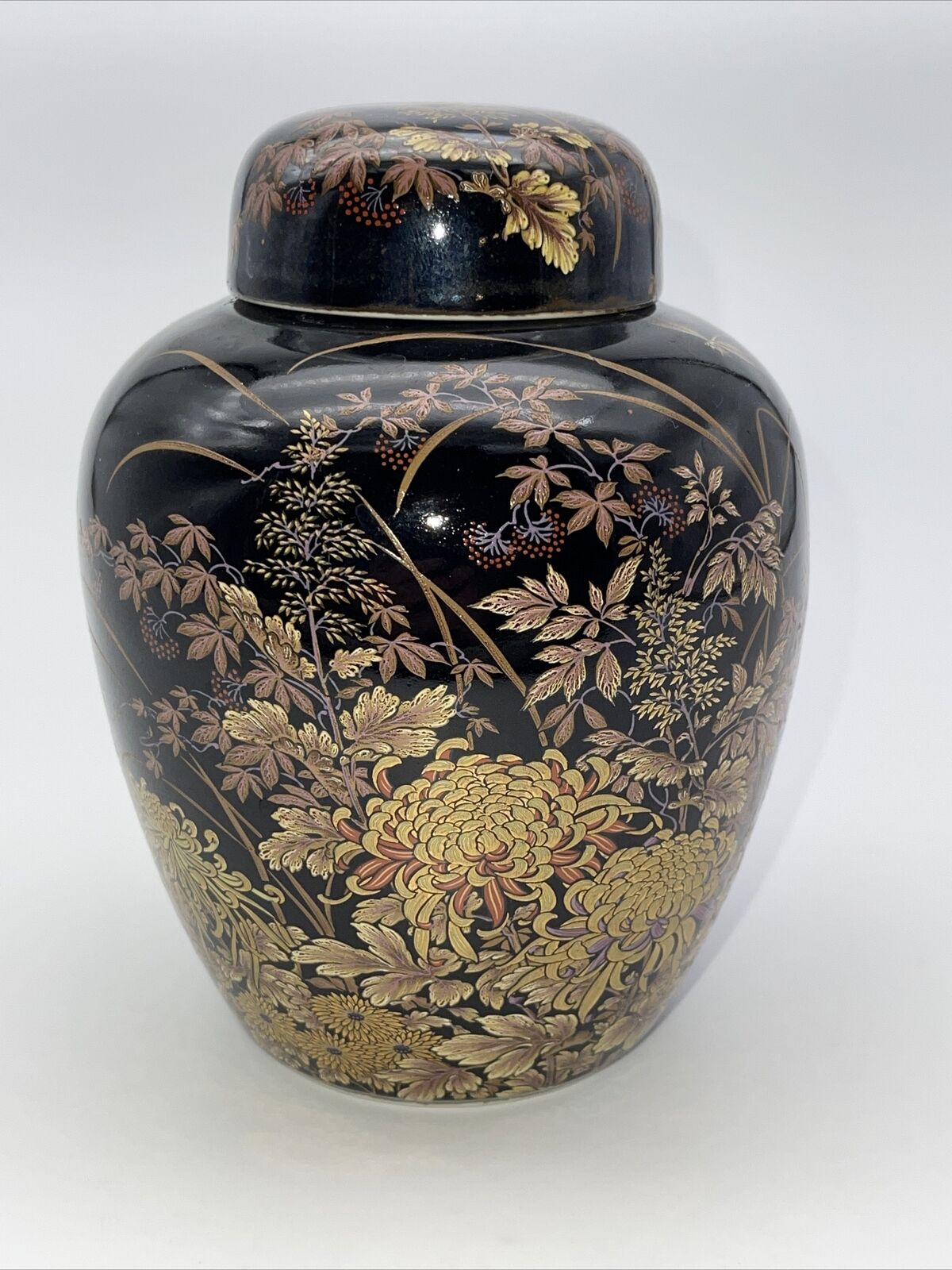 Shibata Vase Porcelain Dragonfly Chrysanthemum Flower Black Gold 7.5”Japan