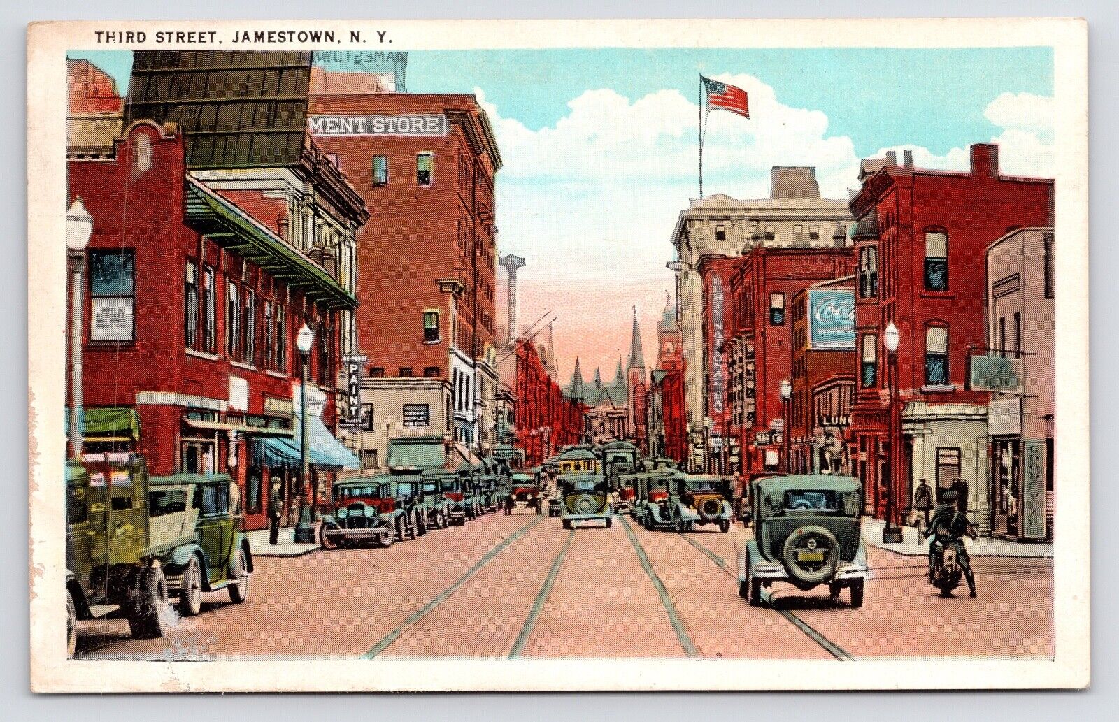 c1920s~Jamestown New York NY~Third Street~Downtown~Coca-Cola~Goodyear~Postcard