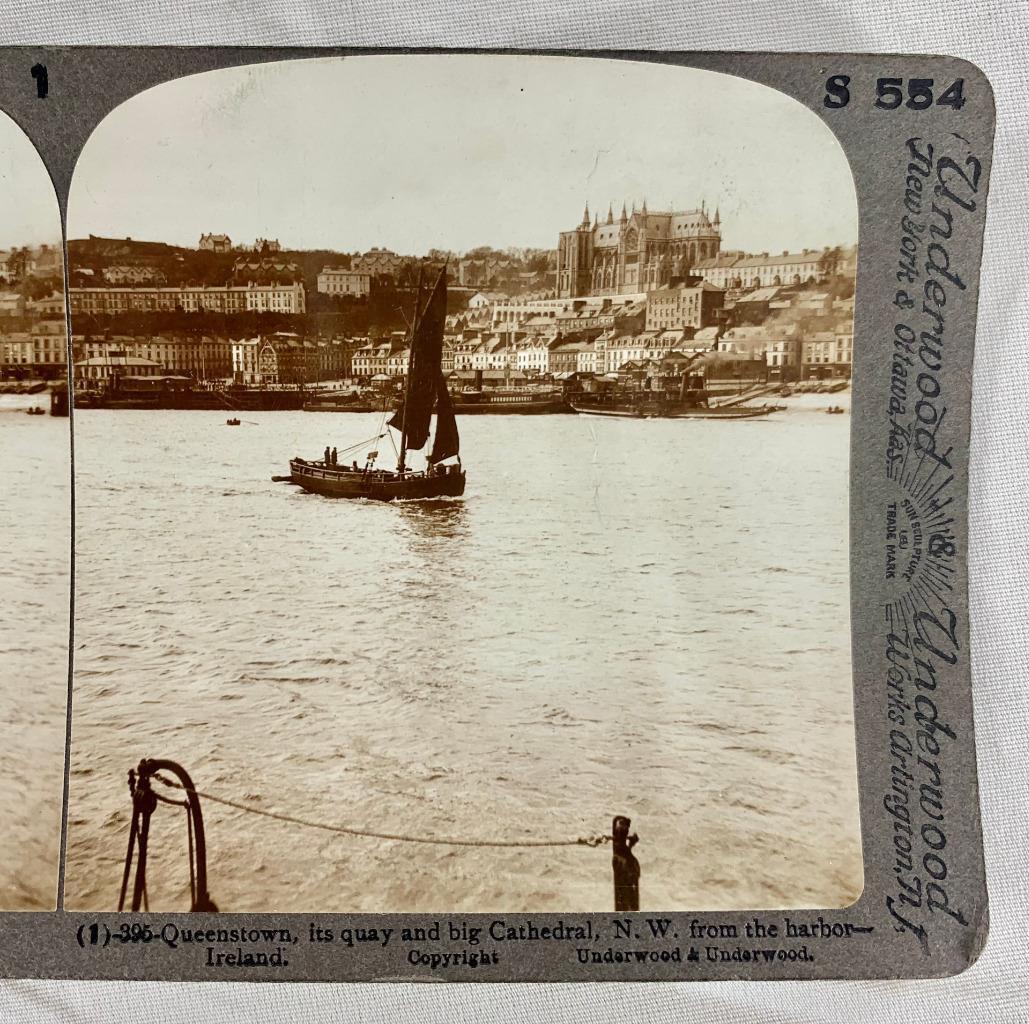 Stereoview Underwood 395 Queenstown Quay And Cathedral From Harbor Ireland (O)