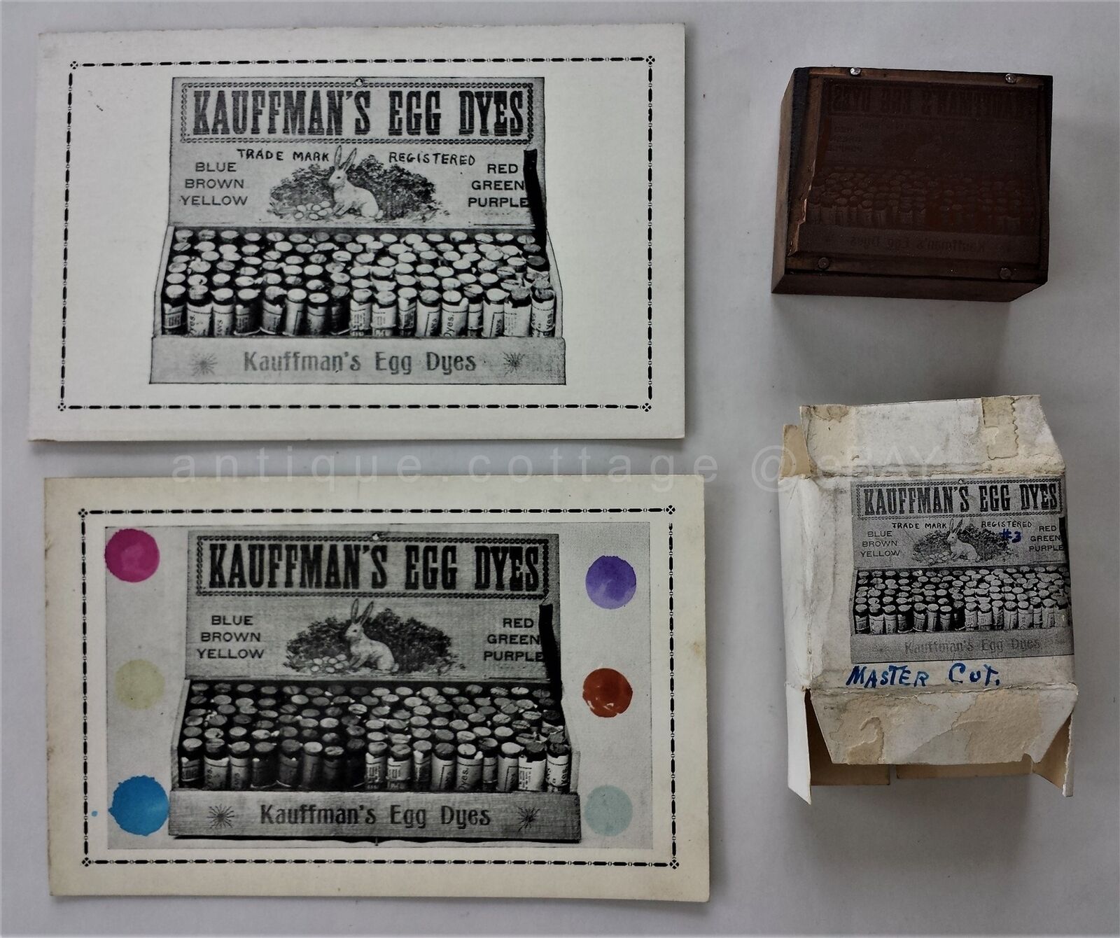 LOT antique KAUFFMAN\'S EGG DYES master cut printing block &ad cards GAP PA #3