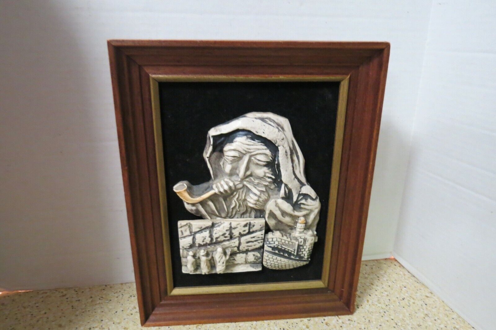3D Framed Picture On Felt Old Man With Pipe Wailing Wall 11.5\