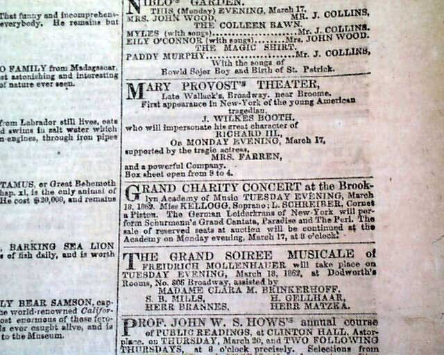 JOHN WILKES BOOTH American Actor Tragedian Theater AD 1862 Civil War Newspaper