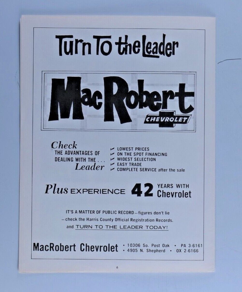 Mac Robert Chevrolet  Houston Texas Regional Vintage 1968 Original Print Ad 