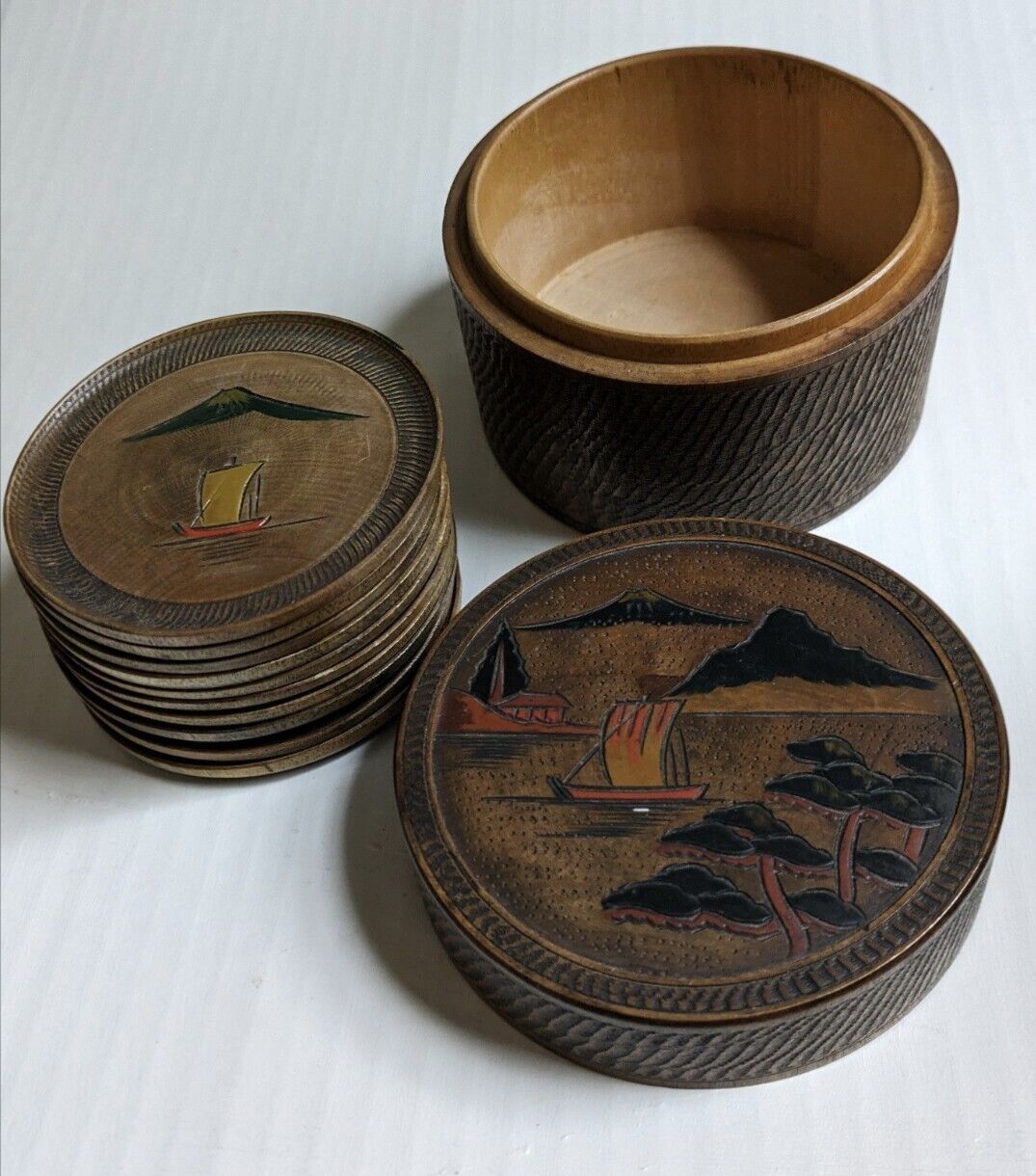 Vintage Handmade Japanese Wooden Coasters Set of 10 w/Box