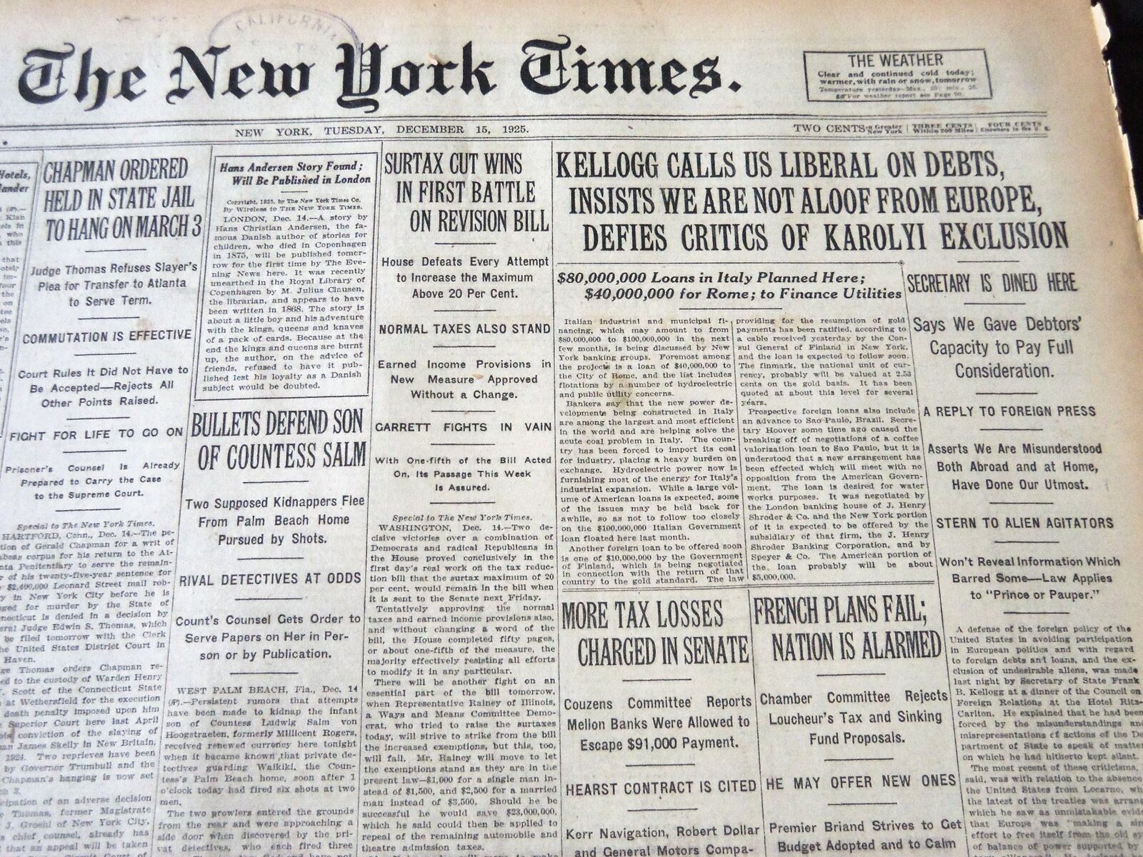 1925 DECEMBER 15 NEW YORK TIMES - KELLOGG CALLS US LIBERAL ON DEBTS - NT 5437