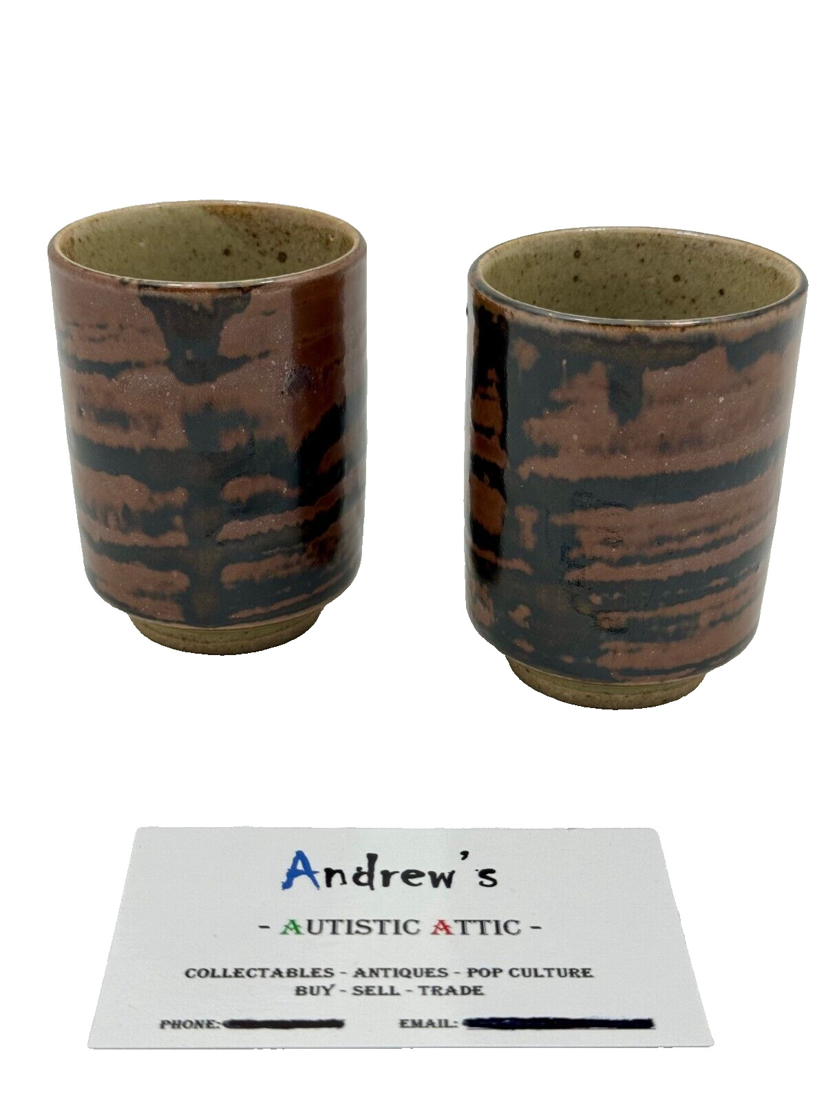Vintage Handmade Brown Beige Black Pottery Japanese Tea Cup Set. Very Nice