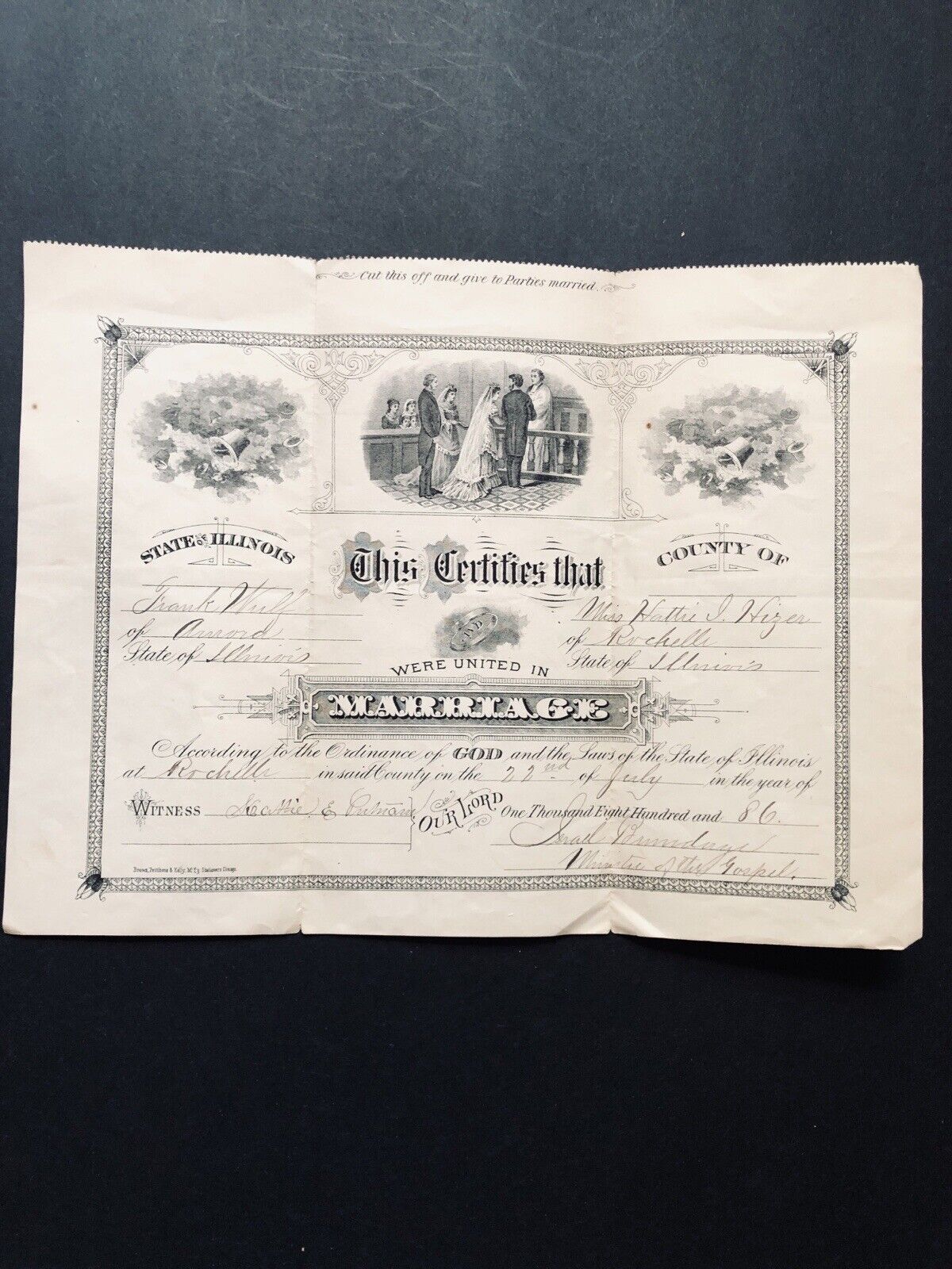 1886 - Antique Marriage Certificate - Victorian Ephemera - State of Illinois