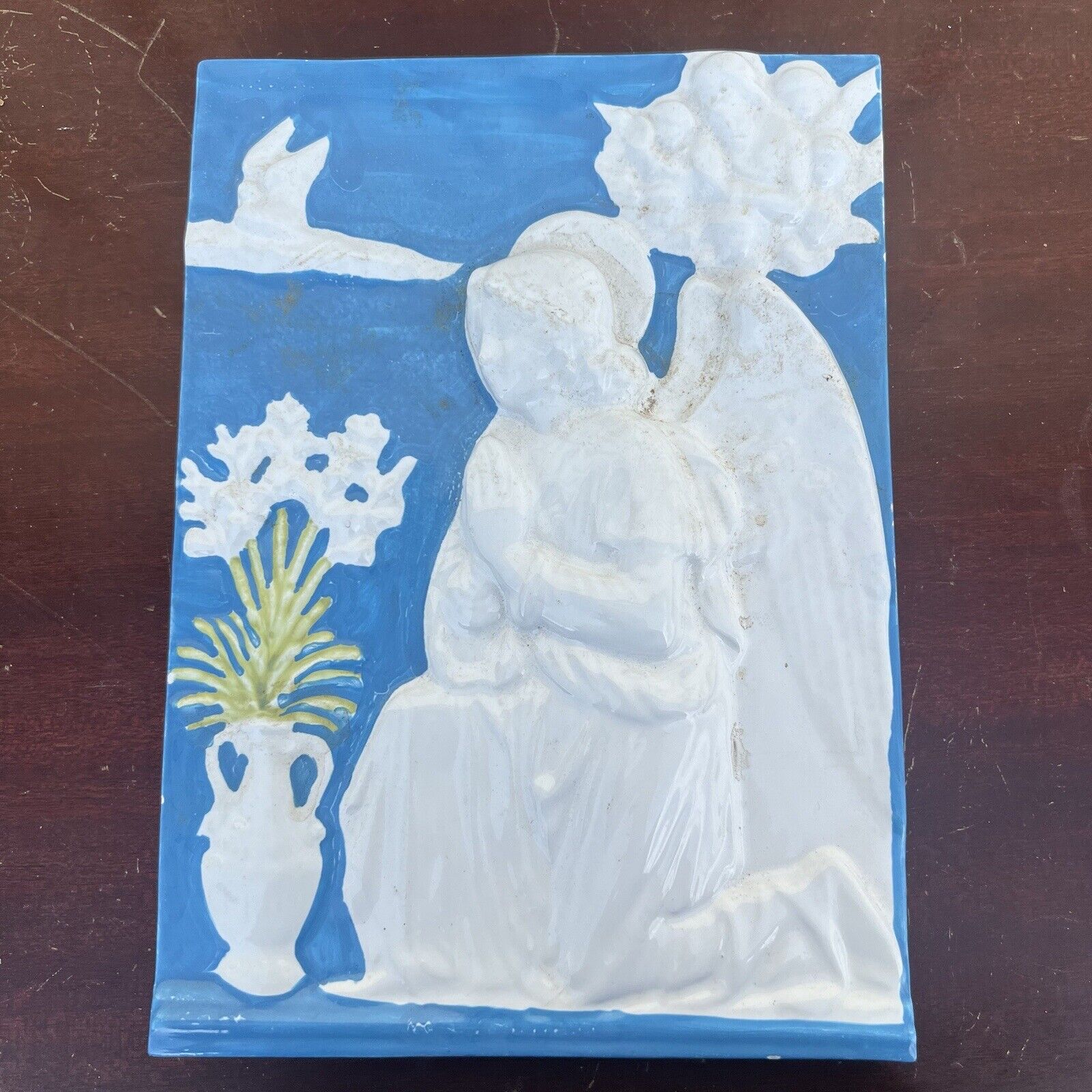 Della Robbia Style Wall Plaque Guardian Angel Religious Praying