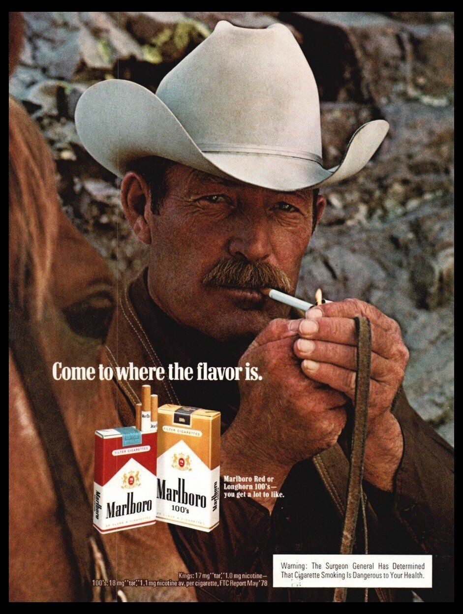 1978 Marlboro Reds-cigarette print ad-mini poster-Cowboy Hat, Man smoking 1980s