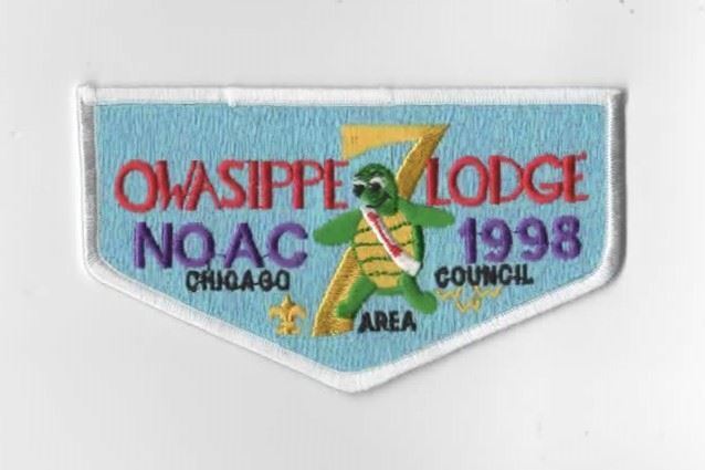 OA Owasippe Lodge 7 1998 NOAC Flap WHT Bdr. Chicago Area Council 118, IL [CHI-77
