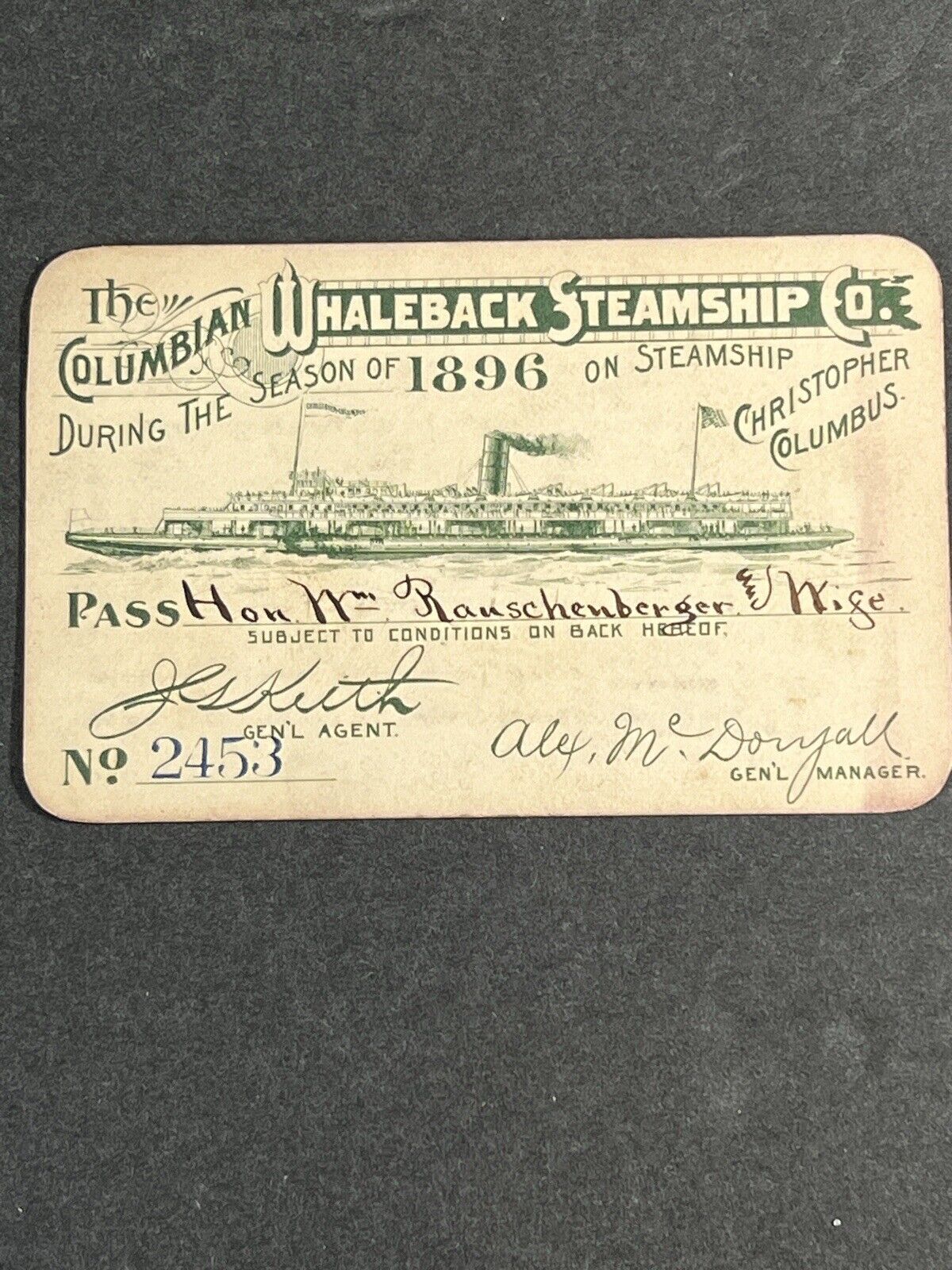 Rare 1896 Ticket Pass Whaleback Steamship  Christopher Columbus Rauschenberger