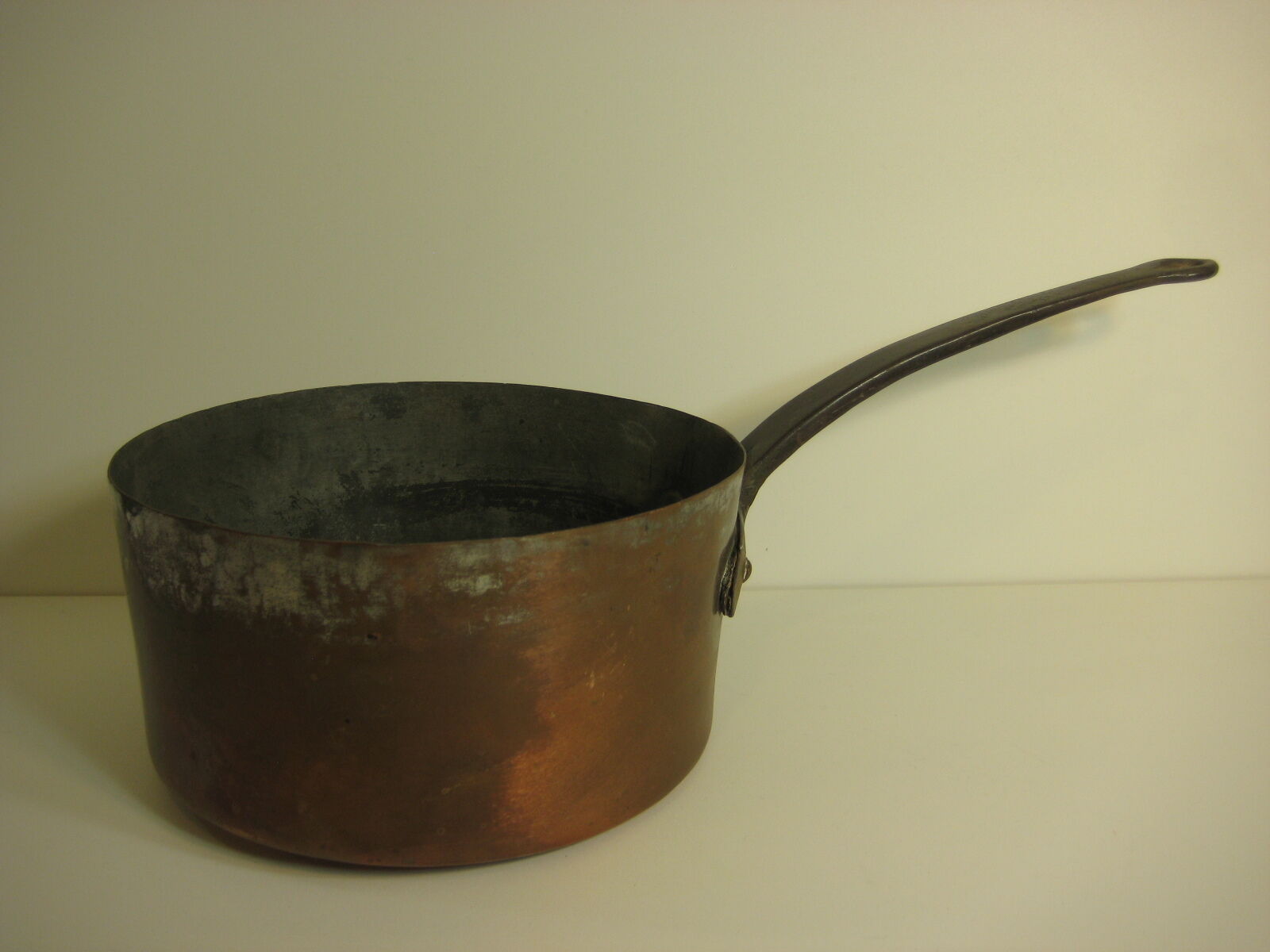 Primitive Large Heavy Copper Pot with Iron Handle, Stamped \