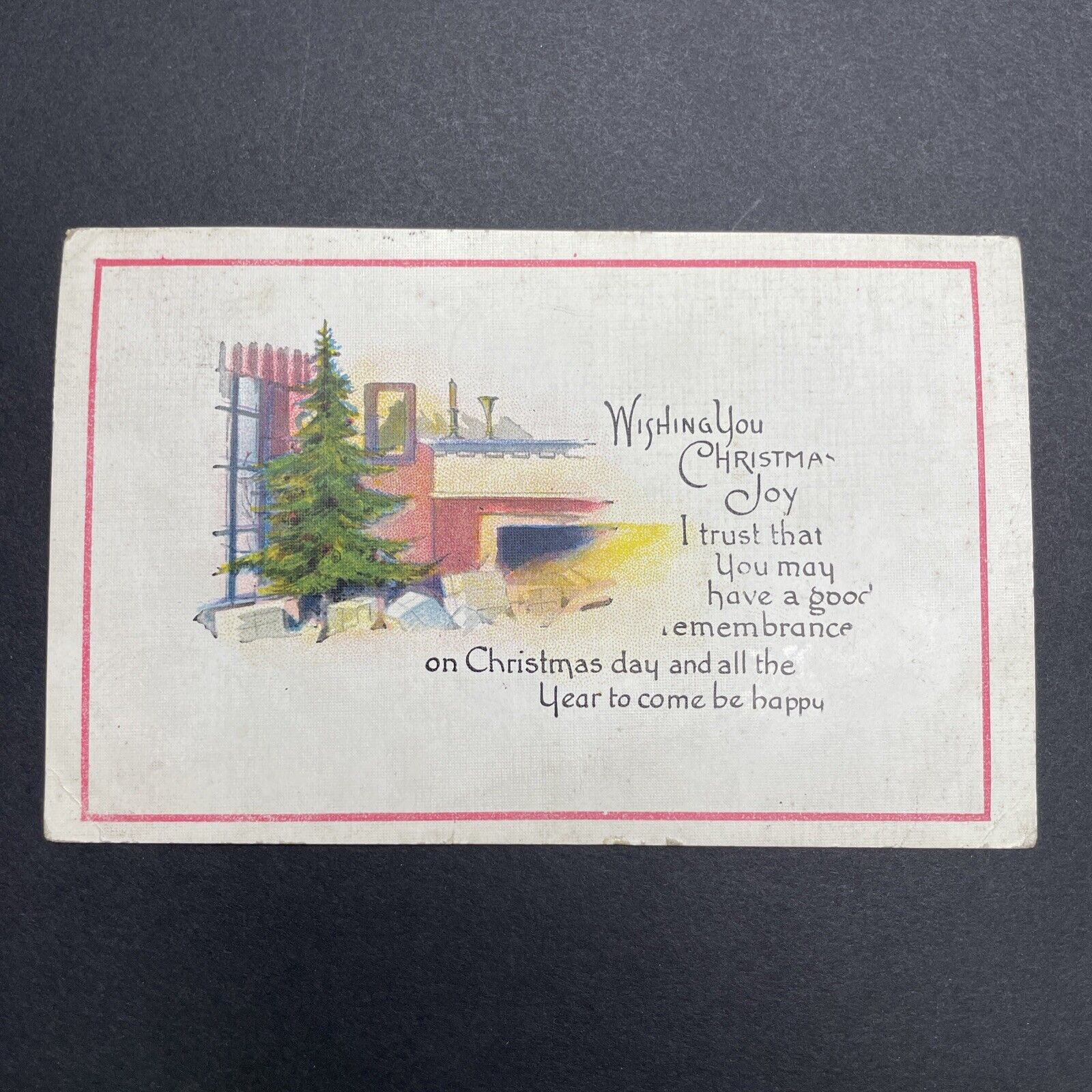 Antique 1923 Christmas Postcard With RARE Black Trim Santa Stamp Sticker V2372