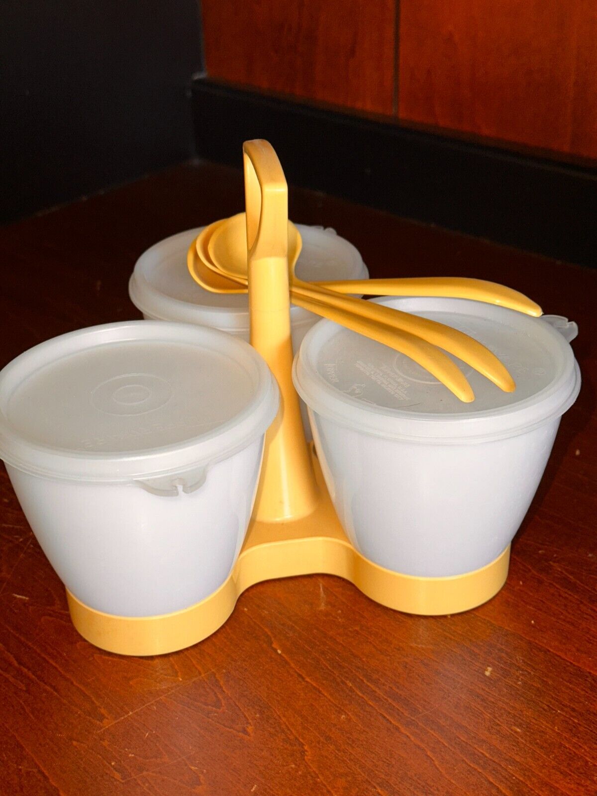 Vintage Tupperware Conditment Caddie Complete Set - Spoons, cups, lids, rack