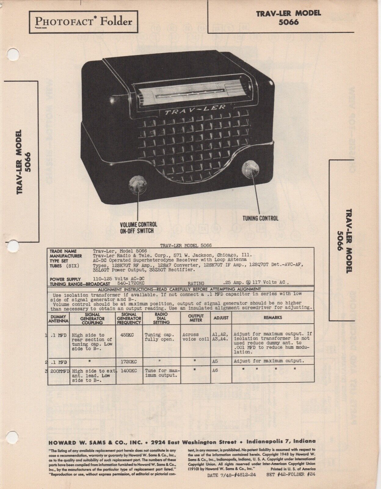 1948 TRAV-LER 5066 RADIO SERVICE MANUAL SCHEMATIC photofact TUBE DIAGRAM REPAIR