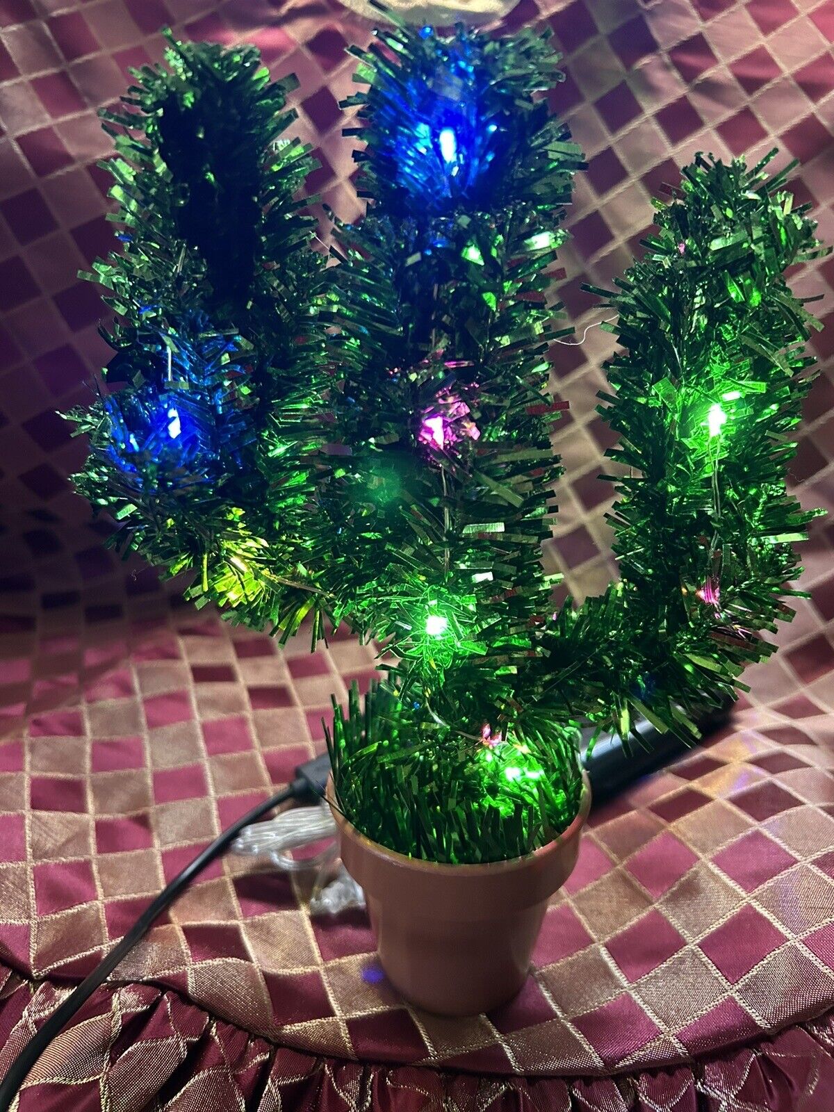 Vtg Mini Tinsel Lighted Saguaro Cactus Green Christmas Tree 8.25”colored Lights