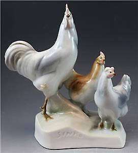 Zsolnay Hungary Porcelain Figurine Rooster & Chickens Signed by Sinko