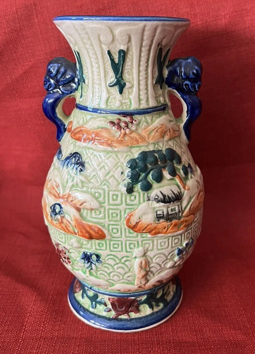 Majolica Style Ram Head Handles Embossed Chinoiserie Asian Vase Japan Vintage