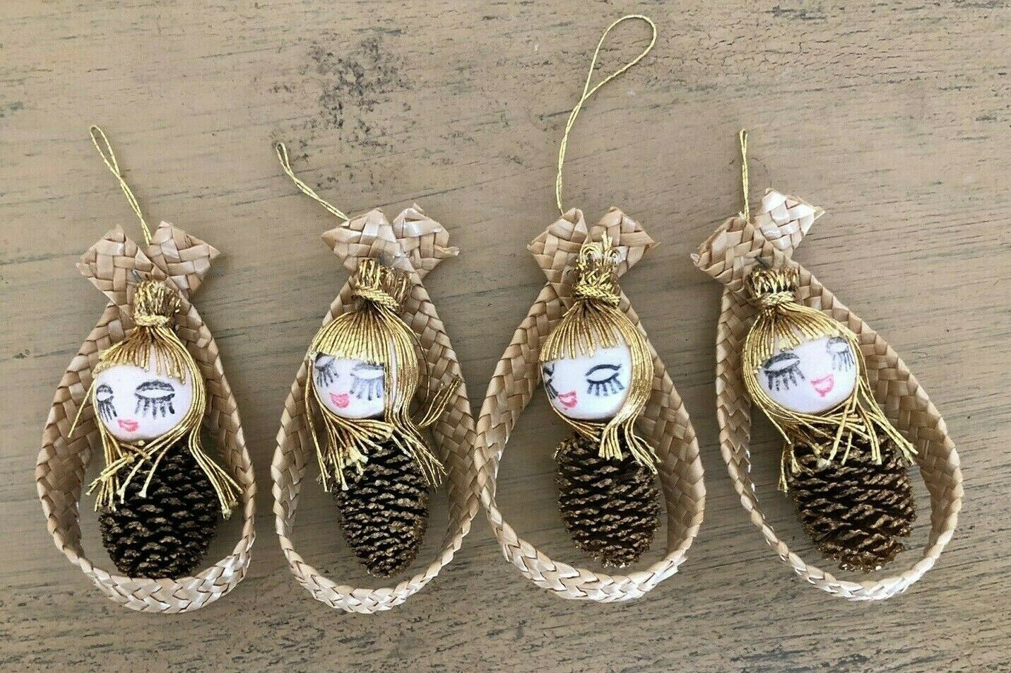 Vintage Christmas Pinecone Girls Ornaments Gold In Wicker Frame Set Of 4