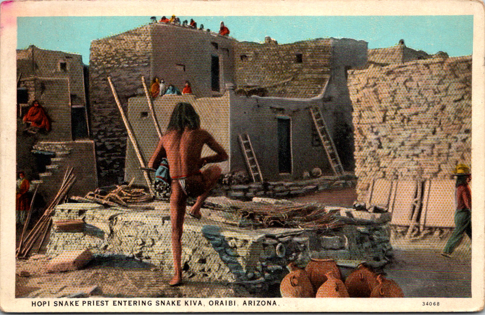 Oraiba Arizona Hopi Snake Priest Entering Snake Kiva Vintage C 1920s Postcard
