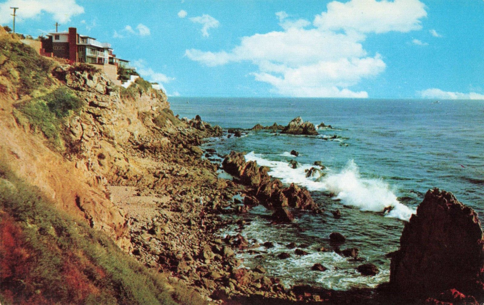 California CA, Seaside Homes, Pacific Ocean, Rugged Coastline, Vintage Postcard