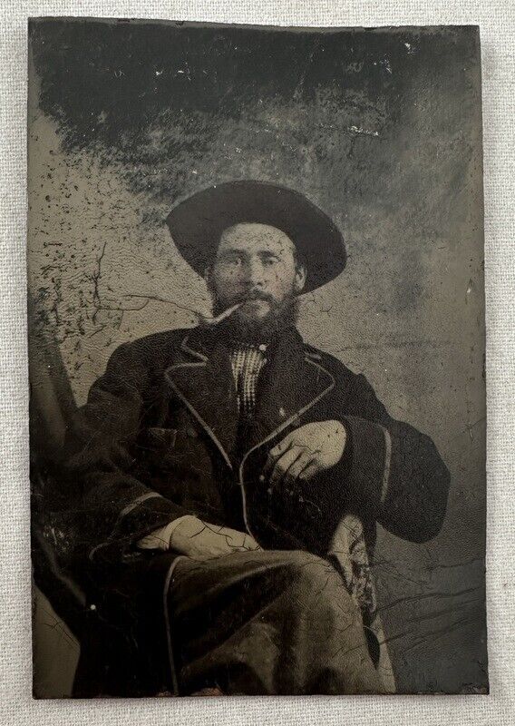 Antique Tintype Photograph Man Smoking Pipe Portrait