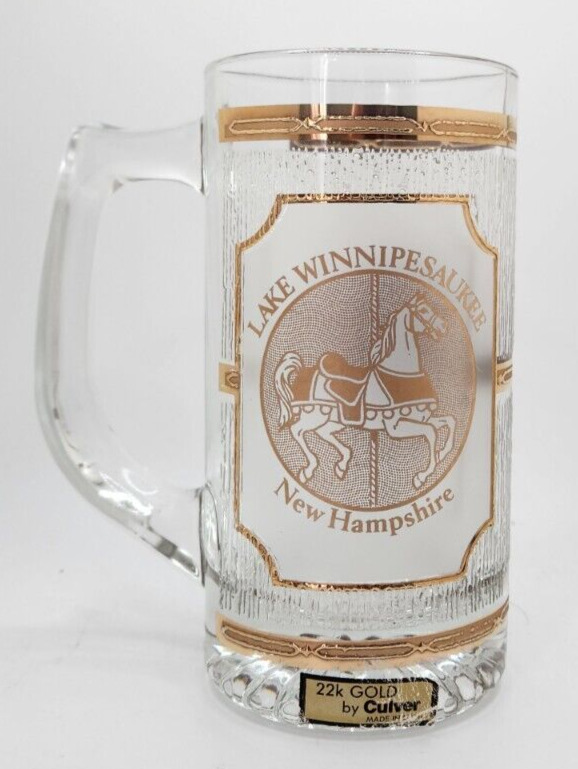 Lake Winnipesaukee Beer Glass Mug 22K Gold Raised Relief New Hampshire Horse