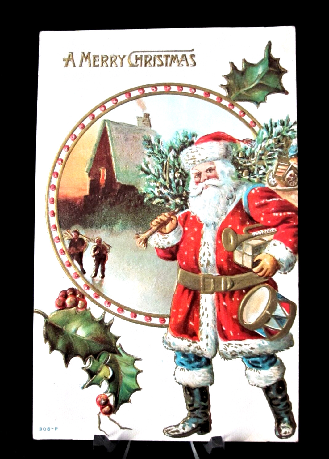 Antique Santa Claus Embossed Postcard - Santa with Tree & Bag of Toys